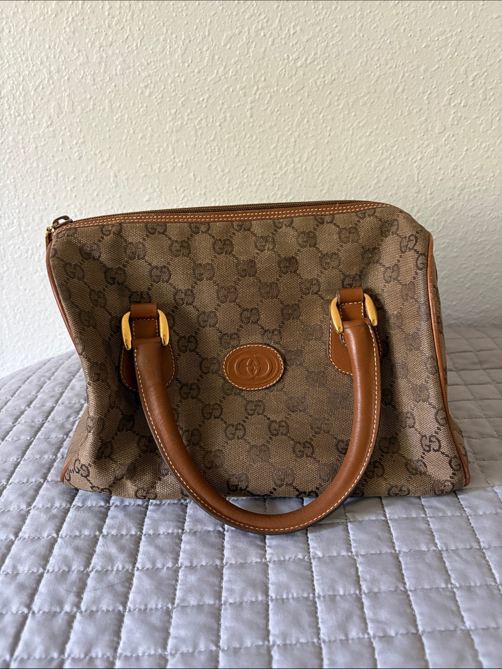 Gucci Brown GG Monogram Canvas Satchel with Tan Leather Trim
